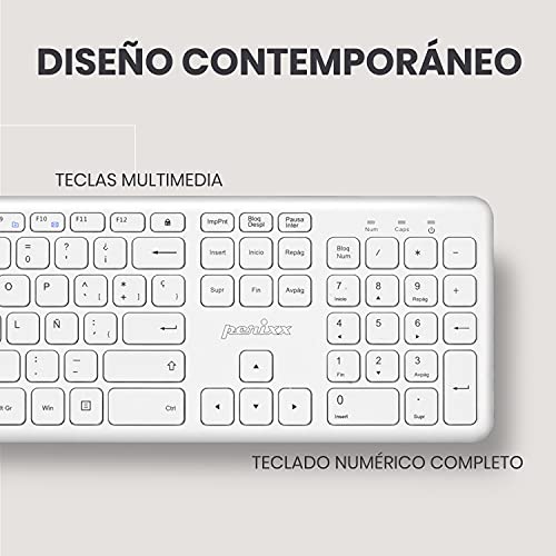 Perixx PERIDUO-610B Set de Teclado inalámbrico Full Size con Teclas de Tipo Chiclet y Ratón, Media Control, Clic Silencioso, y dpi Ajustable dpi, (Blanco)