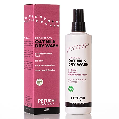 PETUCHI Champú Sin Aclarado para Perros y Cachorros; Spray Bio con Aloe Vera y Leche de Avena; Aroma a Talco Fresco; 250ml