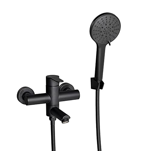 PHASAT grifo de bañera con ducha de mano de acero inoxidable juego de ducha de pared ducha de lluvia grifo de bañera de baño negro caño giratorio de 90 ° PTBB04E