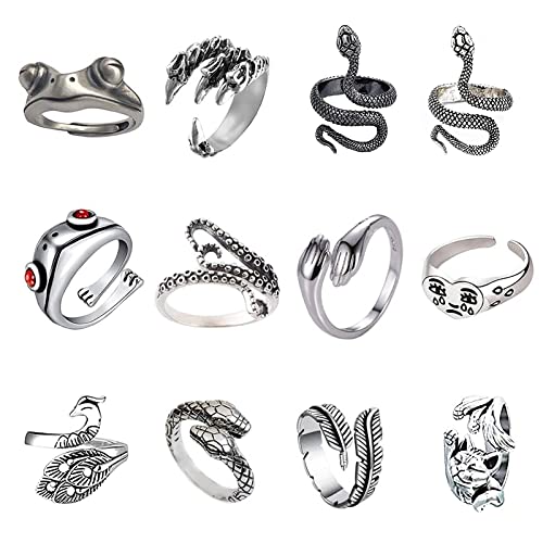 PhoenixDN 12 Piezas Anillos Punk Vintage, De Anillos Punk Vintage para Hombres, Anillos Punk Vintage Góticos, Open Fingerring Plateado GóTico Apilable, Conjunto De Joyas
