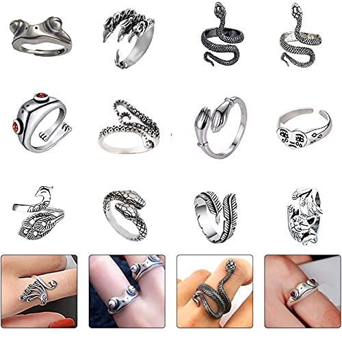 PhoenixDN 12 Piezas Anillos Punk Vintage, De Anillos Punk Vintage para Hombres, Anillos Punk Vintage Góticos, Open Fingerring Plateado GóTico Apilable, Conjunto De Joyas