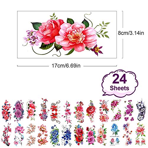 PHOGARY 24 piezas Mujeres Tatuajes Temporales (Flores grandes), Adhesivos Falsos de Colores Brillantes para Tatuajes, Adhesivo Impermeable para Arte Corporal para Brazos, Piernas, Hombro Hacia Atrás