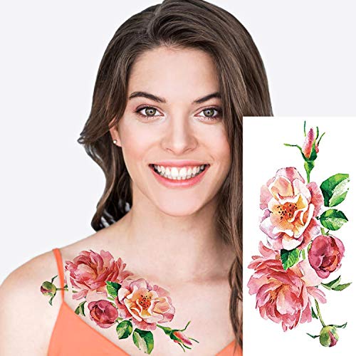 PHOGARY 24 piezas Mujeres Tatuajes Temporales (Flores grandes), Adhesivos Falsos de Colores Brillantes para Tatuajes, Adhesivo Impermeable para Arte Corporal para Brazos, Piernas, Hombro Hacia Atrás