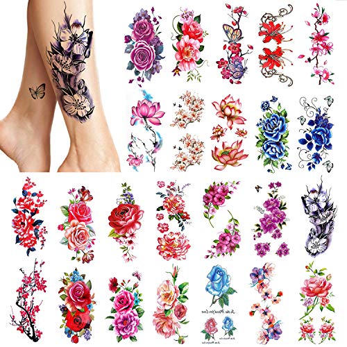 PHOGARY 24 piezas Mujeres Tatuajes Temporales (Flores grandes), Adhesivos Falsos de Colores Brillantes para Tatuajes, Adhesivo Impermeable para Arte Corporal para Brazos, Piernas, Hombro Hacia Atrás