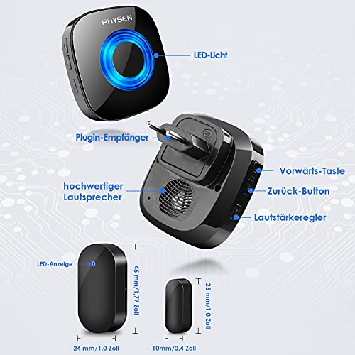 PHYSEN Timbre de Puerta Inalámbrico Sensor de Puerta Ventana de Alarma Puerta Kit de Alerta de Timbre de Puerta Abierta con Rango de 600 Pies, 5 Niveles de Volumen, 58 Melodías