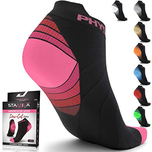 Physix Gear Sport Calcetines running hombres y mujeres, los mejores calcetines de compresión, calcetines tobilleros para la fascitis plantar hombre y mujer, 2 pares, S/M rosa/negro