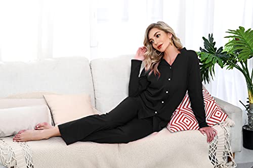 Pijamas Mujer Invierno de Botones Algodón Largo Pijama Dos Piezas Elegantes Ropa de Dormir Casual y cómodo Negro S