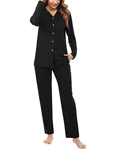 Pijamas Mujer Invierno de Botones Algodón Largo Pijama Dos Piezas Elegantes Ropa de Dormir Casual y cómodo Negro S