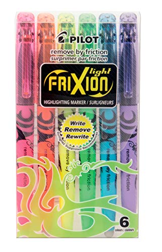Pilot 4136S6 FriXion Light Rotuladores fluorescentes, 6 unidades, color rosa, naranja, amarillo, verde, azul y morado, con goma de borrar.