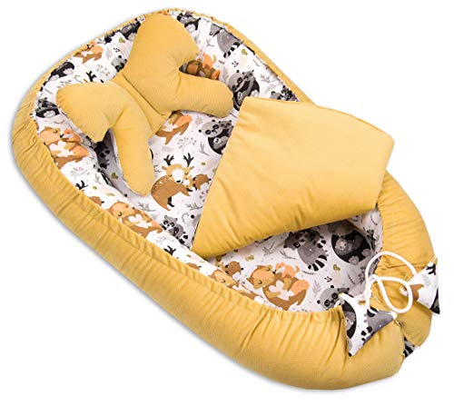 PIMKO Velvet - Nido para bebé (5 piezas, incluye cuna cálida, 90 x 55 cm, con cojín de mariposa, cojín plano, colchón, manta para bebé, nido para bebé, supersuave y con forma de mariposa, color miel