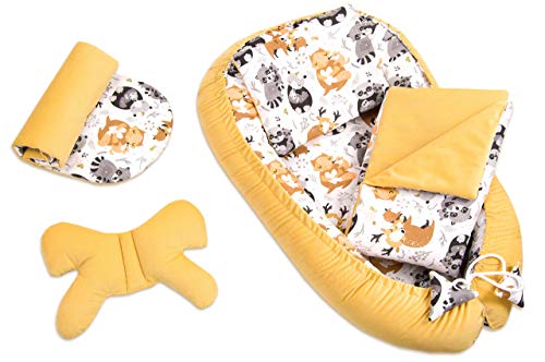 PIMKO Velvet - Nido para bebé (5 piezas, incluye cuna cálida, 90 x 55 cm, con cojín de mariposa, cojín plano, colchón, manta para bebé, nido para bebé, supersuave y con forma de mariposa, color miel