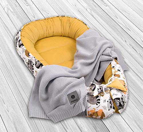 PIMKO Velvet - Nido para bebé (5 piezas, incluye cuna cálida, 90 x 55 cm, con cojín de mariposa, cojín plano, colchón, manta para bebé, nido para bebé, supersuave y con forma de mariposa, color miel