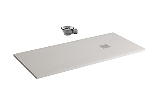 Plato De Ducha Aligerado Con Resina Y Fibras Compactadas - Textura Piedra Y Antideslizante - Acabados Blanco y Negro Mate - Rejilla Y Válvula De Desagüe Incluidas (70x160, BLANCO)