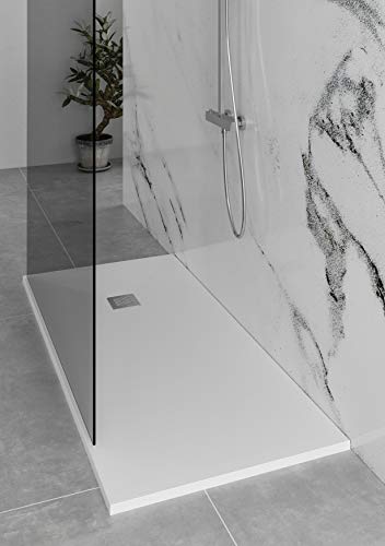 Plato De Ducha Aligerado Con Resina Y Fibras Compactadas - Textura Piedra Y Antideslizante - Acabados Blanco y Negro Mate - Rejilla Y Válvula De Desagüe Incluidas (70x160, BLANCO)