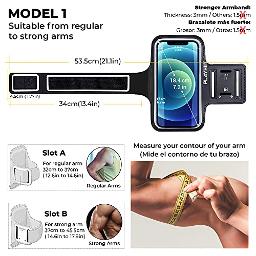 PLAYHIIT Brazalete Deportivo Universal de Móvil para Correr. hasta 18.4cm (7.2inches). Armband Negro Ajustable para Ejercicio en Brazos Fuertes a Musculosos + Funda Impermeable y Acuática