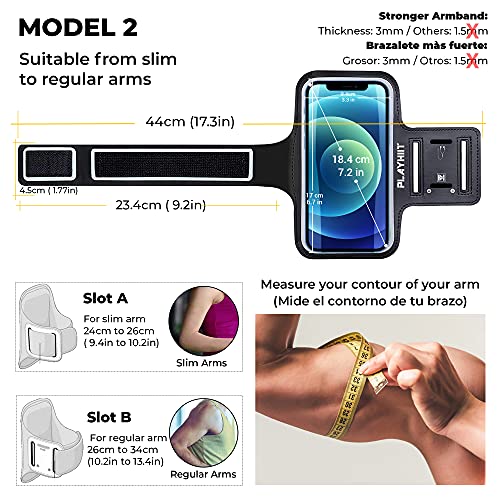 PLAYHIIT Brazalete Deportivo Universal de Móvil para Correr. hasta 18.4cm (7.2inches). Armband Negro Ajustable para Ejercicio en Brazos Fuertes a Musculosos + Funda Impermeable y Acuática
