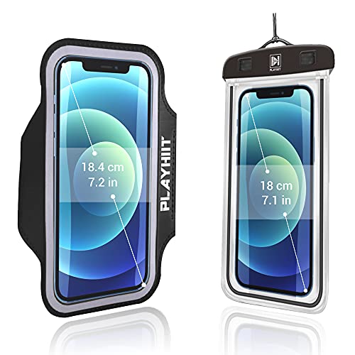 PLAYHIIT Brazalete Deportivo Universal de Móvil para Correr. hasta 18.4cm (7.2inches). Armband Negro Ajustable para Ejercicio en Brazos Fuertes a Musculosos + Funda Impermeable y Acuática
