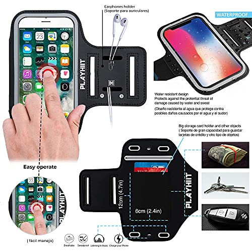 PLAYHIIT Brazalete Deportivo Universal de Móvil para Correr. hasta 18.4cm (7.2inches). Armband Negro Ajustable para Ejercicio en Brazos Fuertes a Musculosos + Funda Impermeable y Acuática