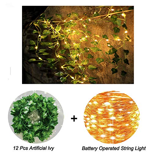 POCKETMAN Artificial Ivy Garland Plantas Falsas con 100 LED de luz de Cadena Hogar Cocina Jardín Oficina Boda Decoración de Pared Oficina Boda Decoración de Pared 12 Pack
