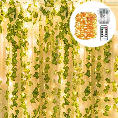 POCKETMAN Artificial Ivy Garland Plantas Falsas con 100 LED de luz de Cadena Hogar Cocina Jardín Oficina Boda Decoración de Pared Oficina Boda Decoración de Pared 12 Pack