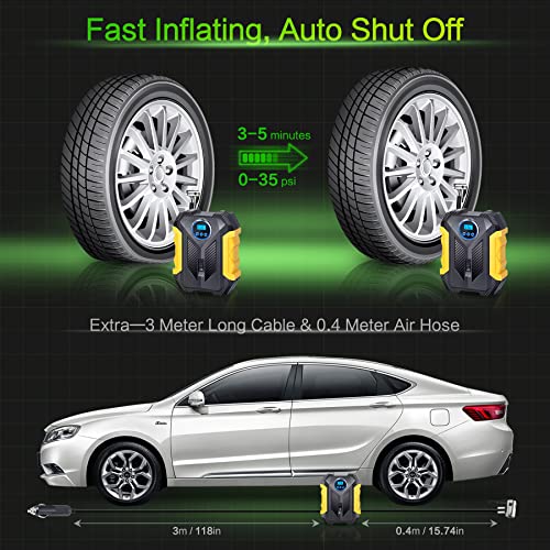 POOTACK Compresor de Aire de Coche Portátil 12V, Inflador Ruedas Coche 150PSI, Coche Inflador Eléctrico de Neumáticos para Automóvil o Bicicleta, Globos, Boyas, Juguetes 110V (Amarillo y Negro)