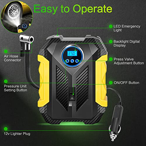 POOTACK Compresor de Aire de Coche Portátil 12V, Inflador Ruedas Coche 150PSI, Coche Inflador Eléctrico de Neumáticos para Automóvil o Bicicleta, Globos, Boyas, Juguetes 110V (Amarillo y Negro)