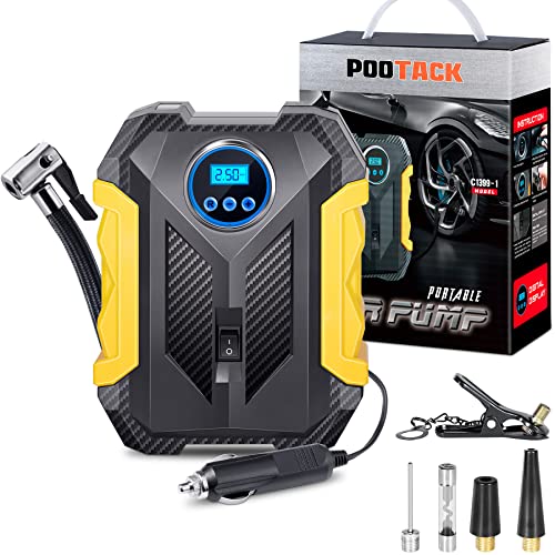POOTACK Compresor de Aire de Coche Portátil 12V, Inflador Ruedas Coche 150PSI, Coche Inflador Eléctrico de Neumáticos para Automóvil o Bicicleta, Globos, Boyas, Juguetes 110V (Amarillo y Negro)