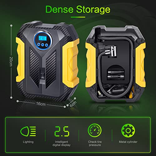 POOTACK Compresor de Aire de Coche Portátil 12V, Inflador Ruedas Coche 150PSI, Coche Inflador Eléctrico de Neumáticos para Automóvil o Bicicleta, Globos, Boyas, Juguetes 110V (Amarillo y Negro)