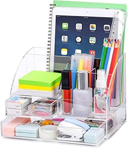 POPRUN Acrílico Organizador de Escritorio con Portalápices y cajón,Organizador de Oficina,Escritorio ordenado,organizador de maquillaje,Sistema de Escritorio Utilizado en escuela, aulas(transparente)