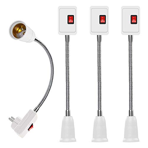 Portalámparas E27 con Interruptor y Enchufe UE 4 Piezas Bombilla Convertidor Adaptador Extensión de 27cm Rotación de 360° con Brazo Flexible, Blanco