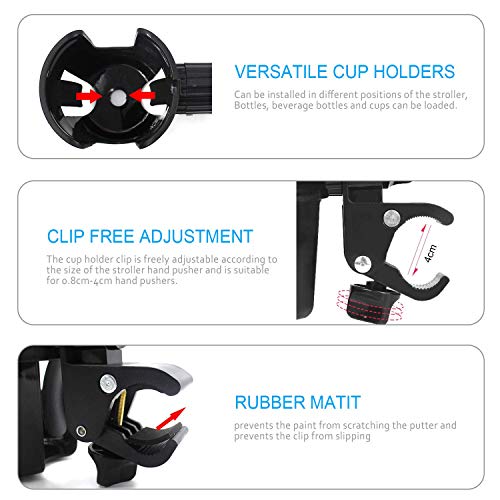 Portavasos para Manillar de Silla de Paseo, Portavasos Carrito Bebe Universal Ajustable 360 Grados de Rotación con una Gancho, Soporte Botella para Cochecitos de Bebé y Sillas de Ruedas