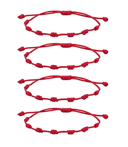 Possidonia Pulsera Roja 7 Nudos | Amuleto Hilo Rojo | Pulsera de la Suerte y Protección | Unisex, Ajustable| Buena Suerte | Pulsera Amistad, Pareja| Pack 4 uds