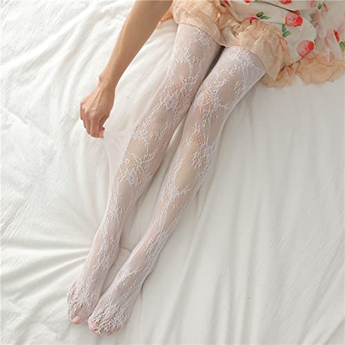 PPGG 2 Pares De Medias De Cintura Alta, Medias De Rejilla, Encaje, Piernas De Plástico, Plantas, Flores, Medias, Medias para Mujer,Blanco