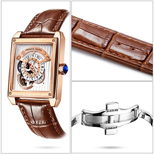 Prince de Gera Rectangular Oro Rosa Relojes Impermeable Esqueleto Reloj mecánico automático Hombre
