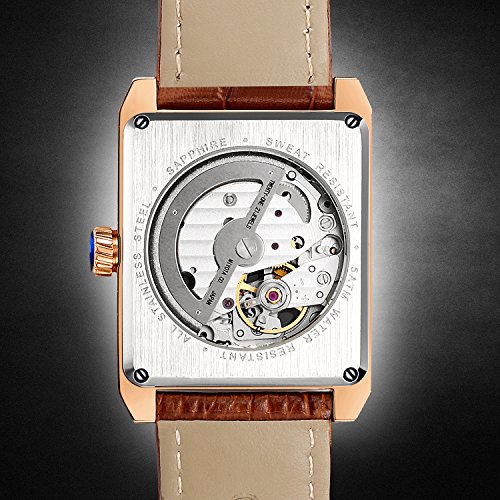 Prince de Gera Rectangular Oro Rosa Relojes Impermeable Esqueleto Reloj mecánico automático Hombre