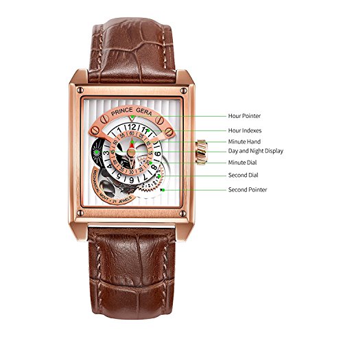 Prince de Gera Rectangular Oro Rosa Relojes Impermeable Esqueleto Reloj mecánico automático Hombre