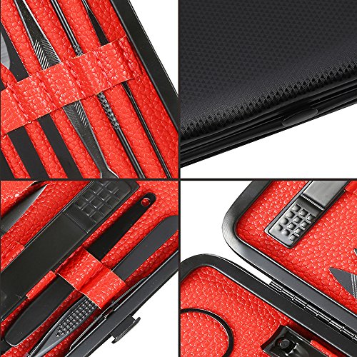 Profesional Cortaúñas Acero Inoxidable Grooming Kit - Set de 15 Piezas para Manicura y Pedicura Limpiador Cutícula con Bonita Caja (Rojo Negro)