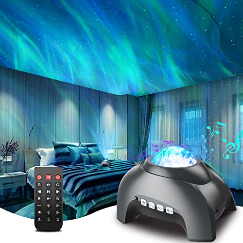 Proyector Estrellas, Aurora Galaxy Proyector con Bluetooth y 8 Blanco Ruido LED lampara de Estrellas Remoto luz Nocturna para Habitación Fiesta Decoración, Control de voz para Niños Adultos - Gris