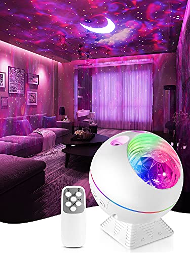 Proyector Estrellas Lampara Infantil con Luna Nubes,Control Remoto y Bluetooth USB LED Colores Techo Luz,Regalos Bebes Niños Hogar Decoración Habitación Galaxia Aurora Boreal Luces Adultos Blanco