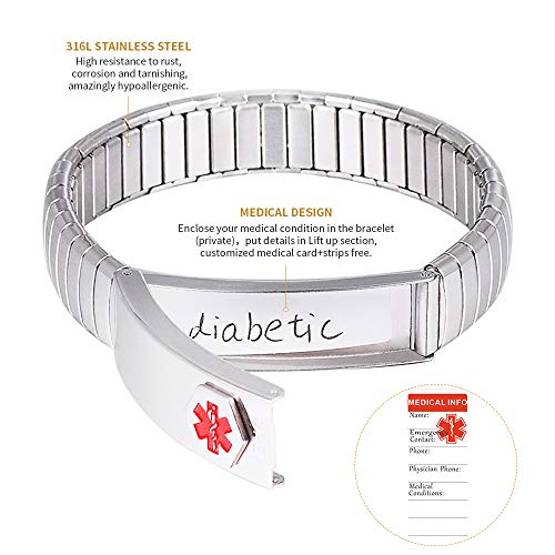 Pulsera de alerta médica para hombres, para mujer, ID, brazalete, elástico, acero inoxidable, personalizado (Ponga los detalles en la sección Levantar, tarjeta médica personalizada + tiras gratis)
