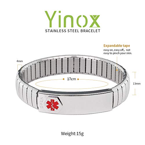 Pulsera de alerta médica para hombres, para mujer, ID, brazalete, elástico, acero inoxidable, personalizado (Ponga los detalles en la sección Levantar, tarjeta médica personalizada + tiras gratis)