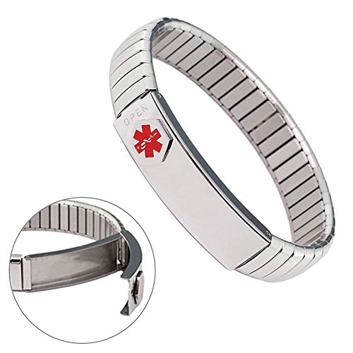 Pulsera de alerta médica para hombres, para mujer, ID, brazalete, elástico, acero inoxidable, personalizado (Ponga los detalles en la sección Levantar, tarjeta médica personalizada + tiras gratis)