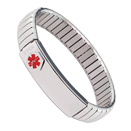 Pulsera de alerta médica para hombres, para mujer, ID, brazalete, elástico, acero inoxidable, personalizado (Ponga los detalles en la sección Levantar, tarjeta médica personalizada + tiras gratis)