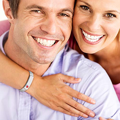 Pulsera de alerta médica para hombres, para mujer, ID, brazalete, elástico, acero inoxidable, personalizado (Ponga los detalles en la sección Levantar, tarjeta médica personalizada + tiras gratis)