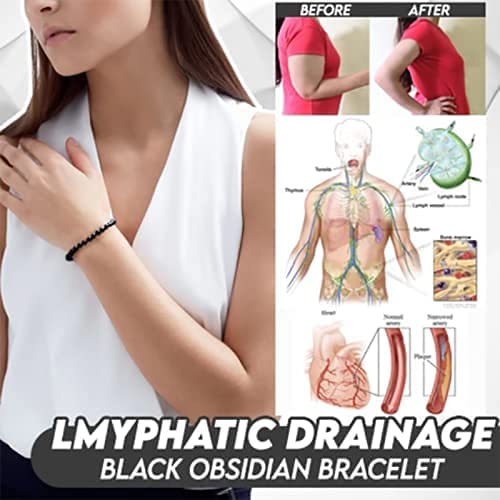 Pulsera de obsidiana de drenaje linfático, pulsera de obsidiana negra antiinflamable natural para unisex, tejido puramente a mano, pulsera de imán ajustable negro (4 piezas)