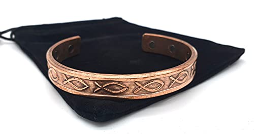 Pulsera magnética de cobre hecha a mano, diseño de pez cristiano con bolsa de joyería