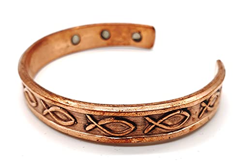 Pulsera magnética de cobre hecha a mano, diseño de pez cristiano con bolsa de joyería
