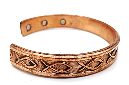 Pulsera magnética de cobre hecha a mano, diseño de pez cristiano con bolsa de joyería