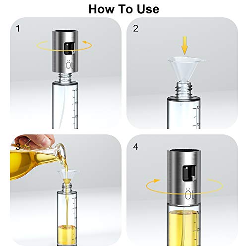 Pulverizador Aceite Cocina,Dispensador de Aceite de Oliva,Tapa de Acero Inoxidable Antideslizante Botella de Vidrio Recargable con 2 Pinceles y 1 Embudo para Barbacoa,Asar,Hornear,Ensalada-100ml