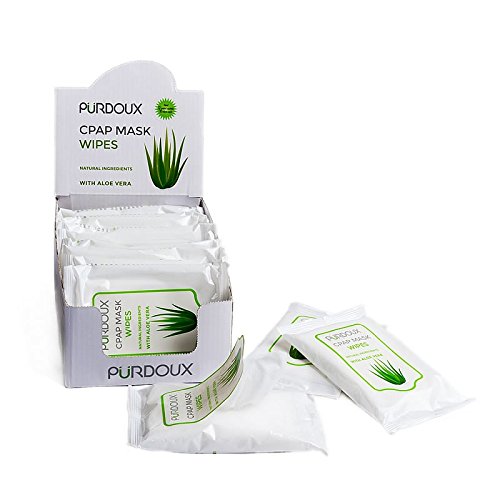 PÜRDOUX 100% algodón CPAP Mascarilla Toallitas con Aloe Vera (caja de 120 toallitas húmedas en 12 sobres resellables, 10 toallitas por bolsa)